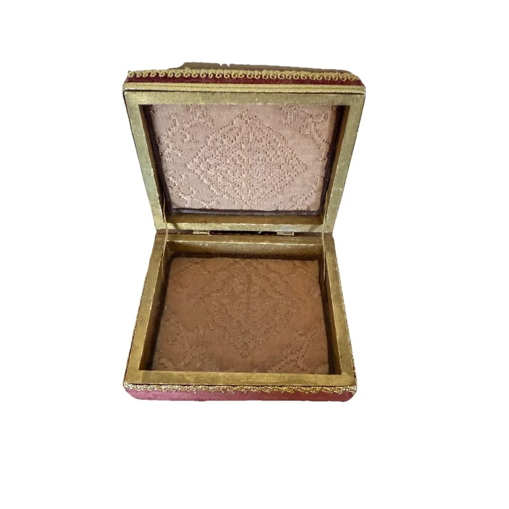 Burgundy Velvet  Embellished Jewelry Box with Gold Floral Accent 4.5x4x2